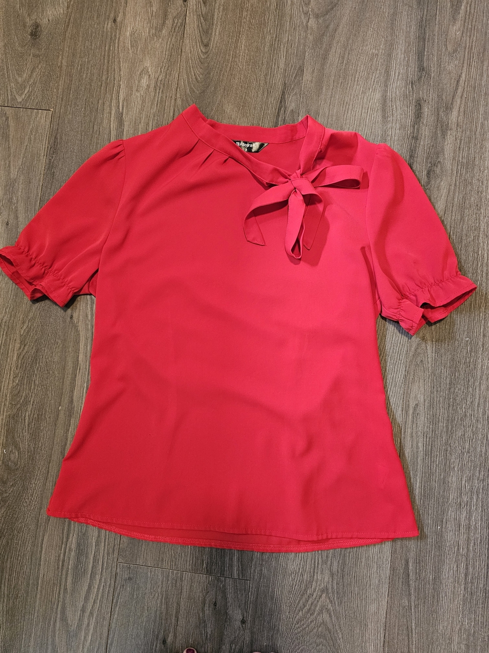 Allegra K Bright Red Tie-Neck Short Sleeve Blouse